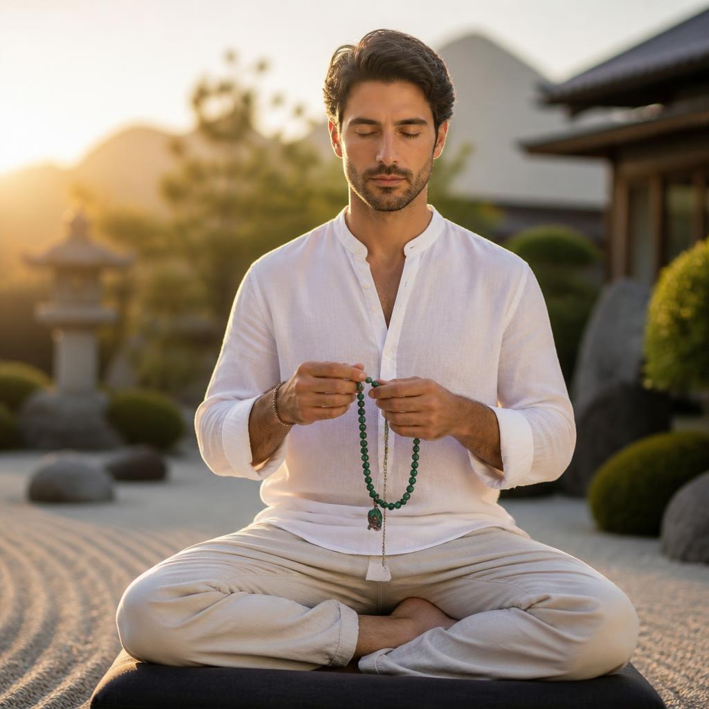 Man meditating in a zen garden holding the malachite mala